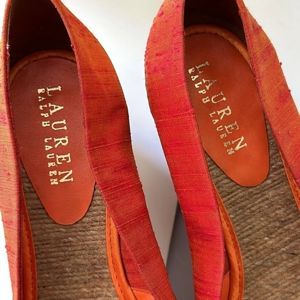 Lauren Ralph Lauren Silk Open Toe Espadrille  Iridescent Orange & Gold Size 8.5